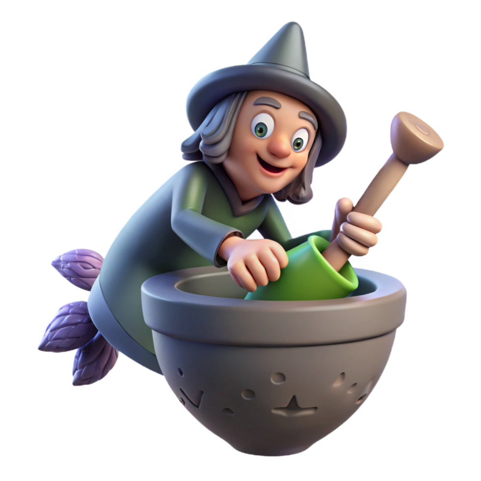 elegant calm traditional A wicked Baba Yaga flying in her mortar, wielding a pestle, under a dark and stormy sky. Slavic folklore style handcrafted png