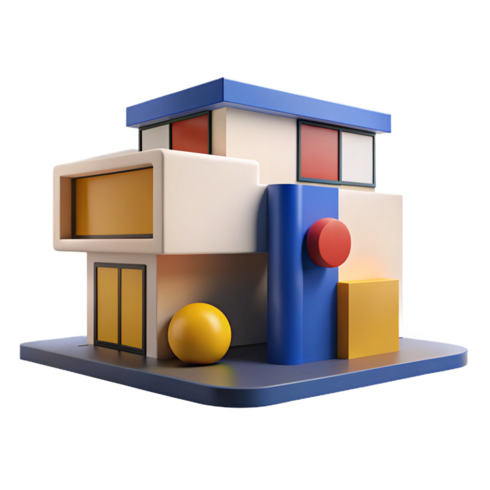 splendid reflective bohemian A Bauhaus style house, geometric shapes, primary colors, minimalist style perfect clarity png