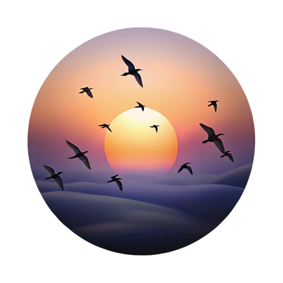 exquisite joyful classic A flock of birds silhouetted against a sunset sky, minimalist style, peaceful scene handcrafted png