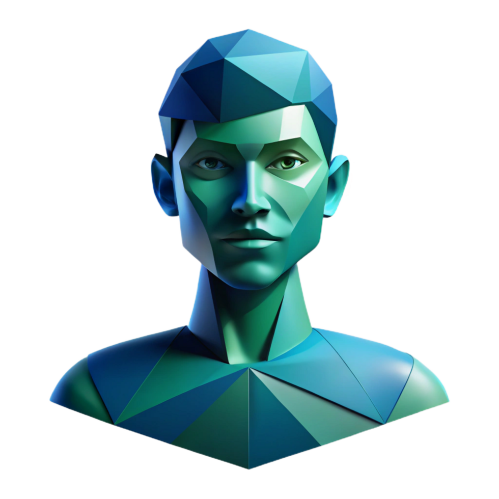 sumptuous rare An abstract portrait composed of fragmented, geometric shapes, in shades of blue and green, with soft, diffused lighting png