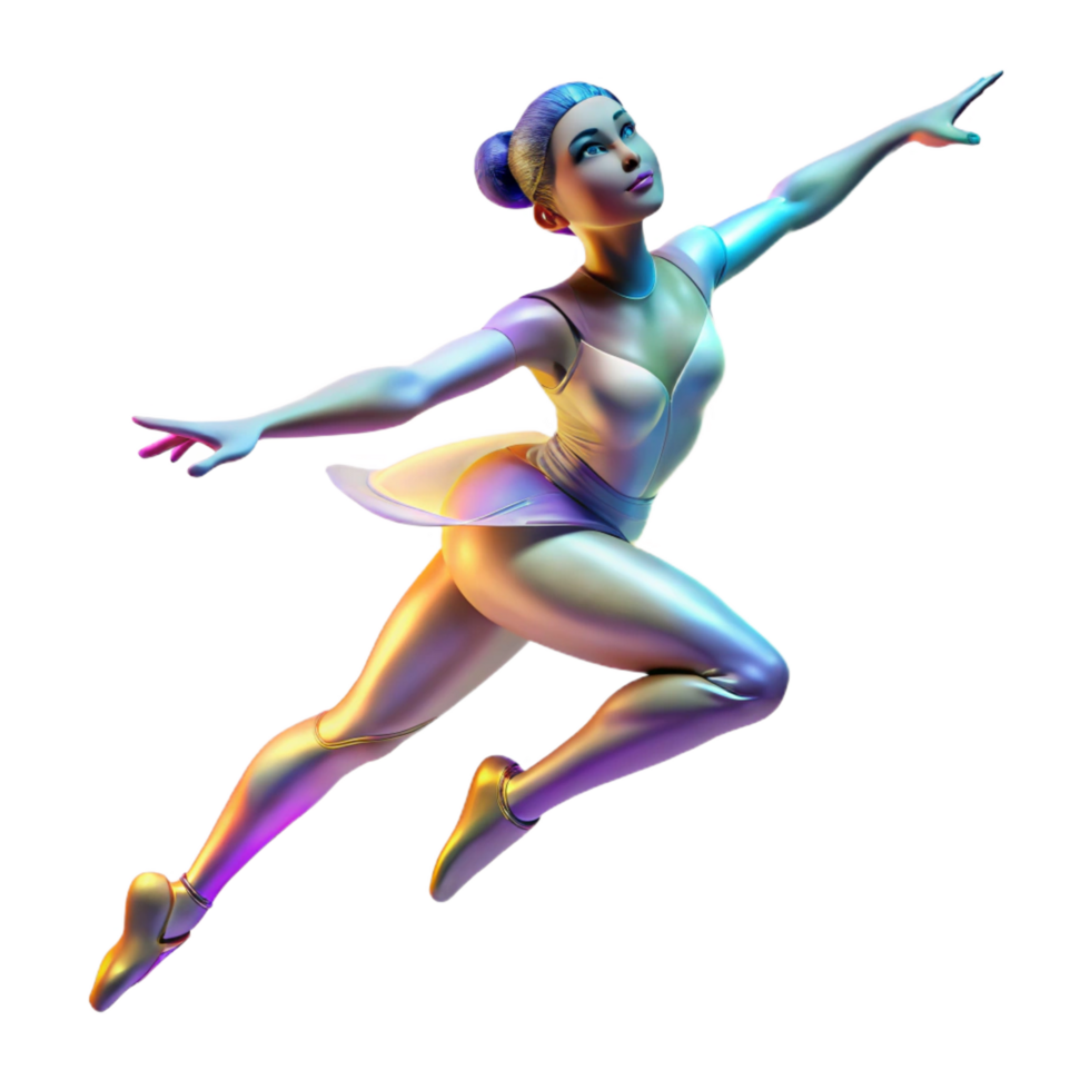 quintessential futuristic Portrait of a graceful dancer mid leap, illuminated by dynamic stage lighting, rendered in the style of an Impressionist painting genuine png