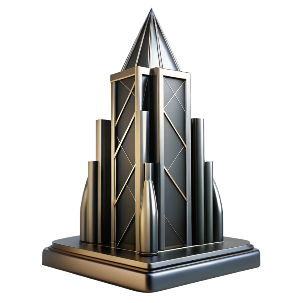 beautiful signature Art Deco skyscraper, sleek chrome and black glass, sharp geometric patterns, dramatic uplighting in a rainy cityscape at night png