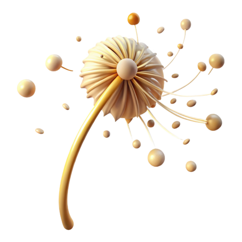 dazzling unforgettable A single dandelion seedhead with seeds blowing in the wind, golden hour lighting, whimsical style png