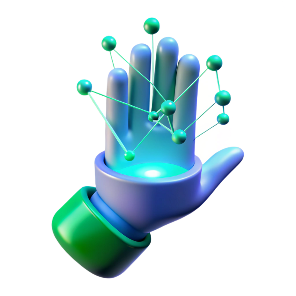 nostalgic elegant A holographic projection of a human hand interacting with data streams, illuminated by blue and green light, in a minimalist style expertly shot png