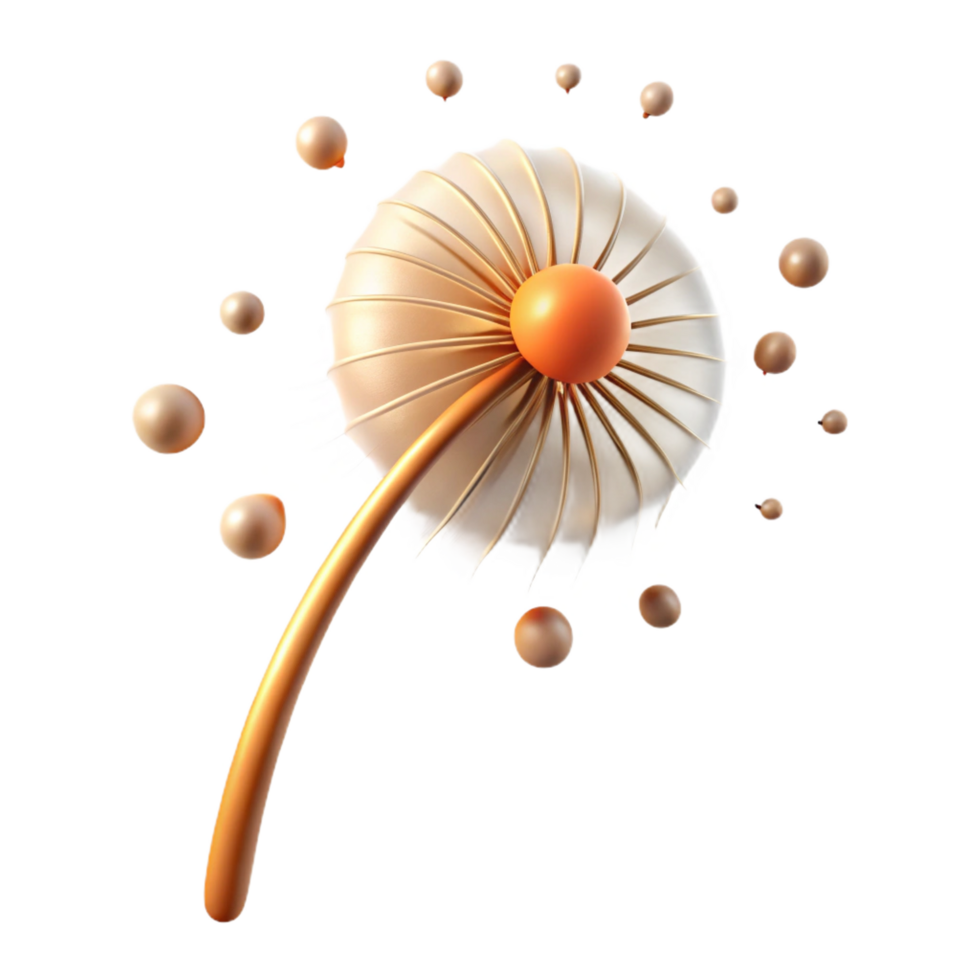 extraordinary organic A single dandelion seedhead with seeds blowing in the wind, golden hour lighting, whimsical style museum quality png