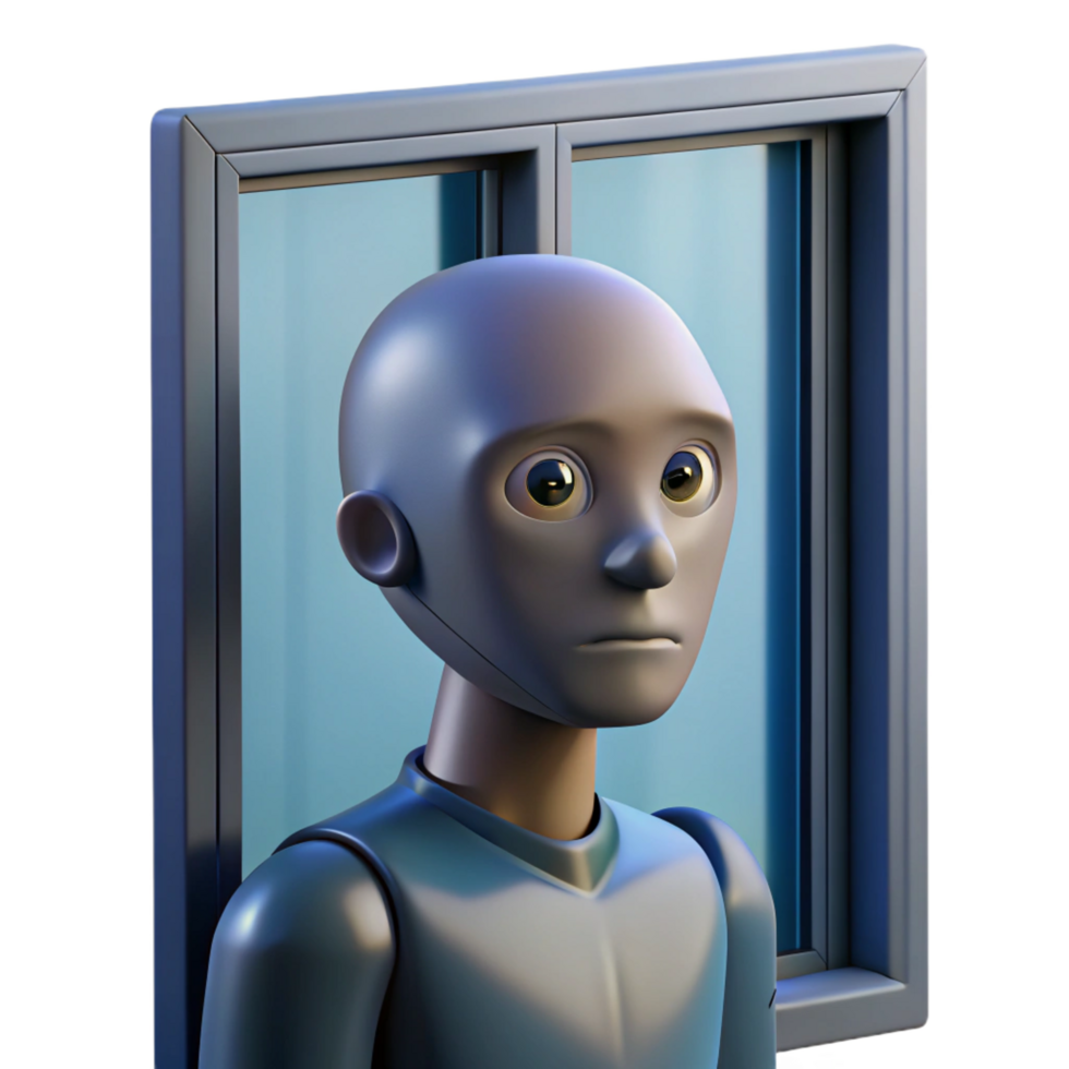 picturesque exemplary An android with human like features, staring pensively out a window at a rain swept city, melancholic mood, soft lighting, painted in a realistic style png