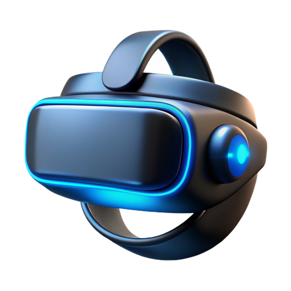 splendid playful coastal A futuristic VR headset, sleek black design with glowing blue accents, floating in zero gravity, illuminated by soft directional lighting expertly shot png