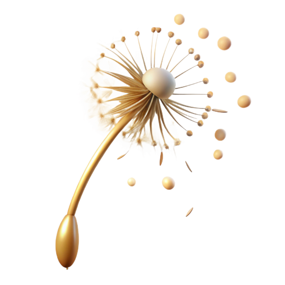 breathtaking ethereal elegant A single dandelion seedhead with seeds blowing in the wind, golden hour lighting, whimsical style museum quality png