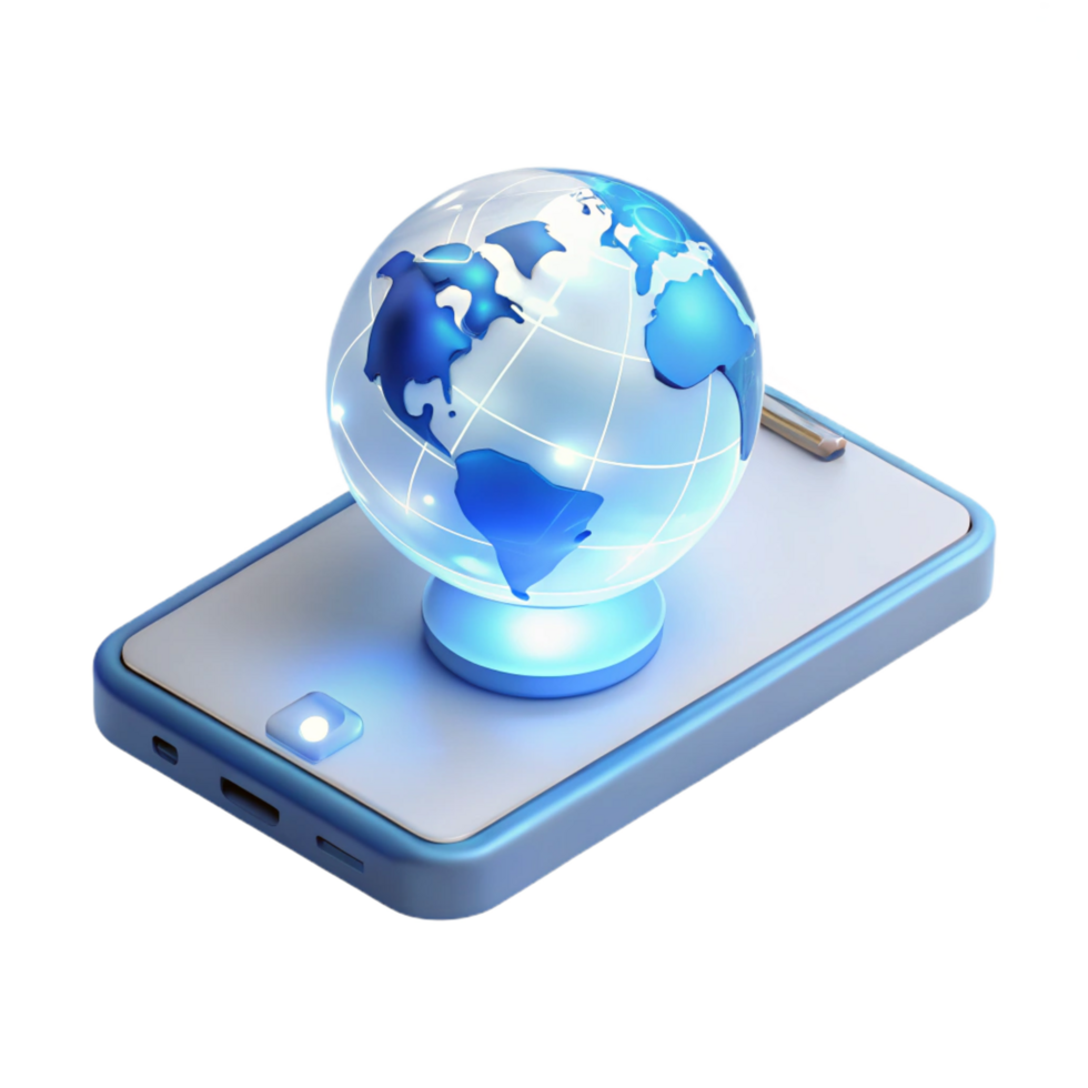 harmonious alluring A levitating transparent smartphone displaying a holographic world map, illuminated by a soft white light in a minimalist style studio quality png