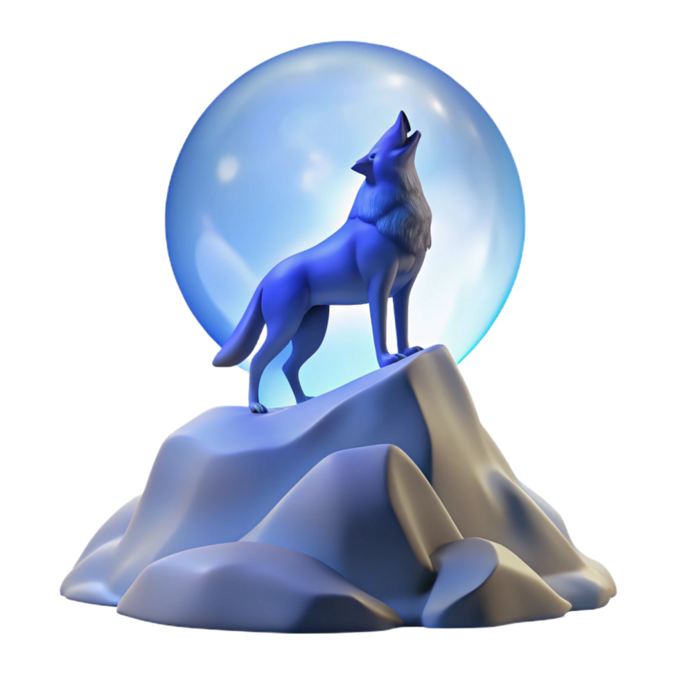 vibrant mysterious bohemian A lone wolf howling at the moon atop a snowy mountain, cool blue lighting, painterly style 8K png