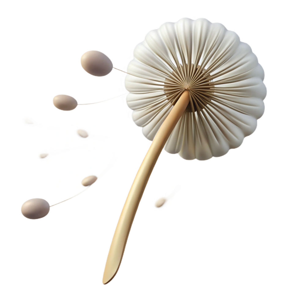 pristine sought after A single dandelion seedhead with seeds blowing in the wind, soft afternoon light, whimsical and dreamy, illustrative style png