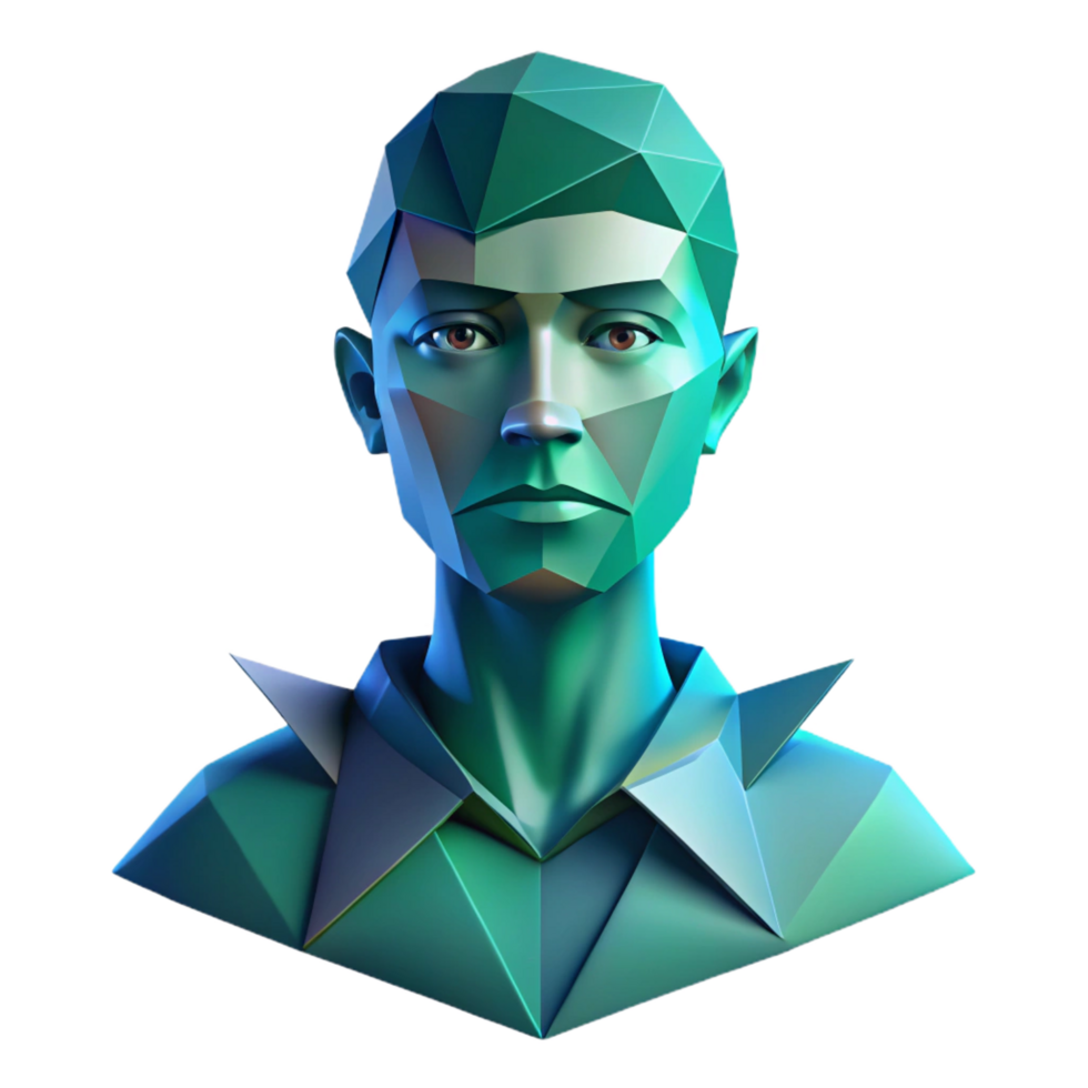 dramatic mesmerizing An abstract portrait composed of fragmented, geometric shapes, in shades of blue and green, with soft, diffused lighting precision png