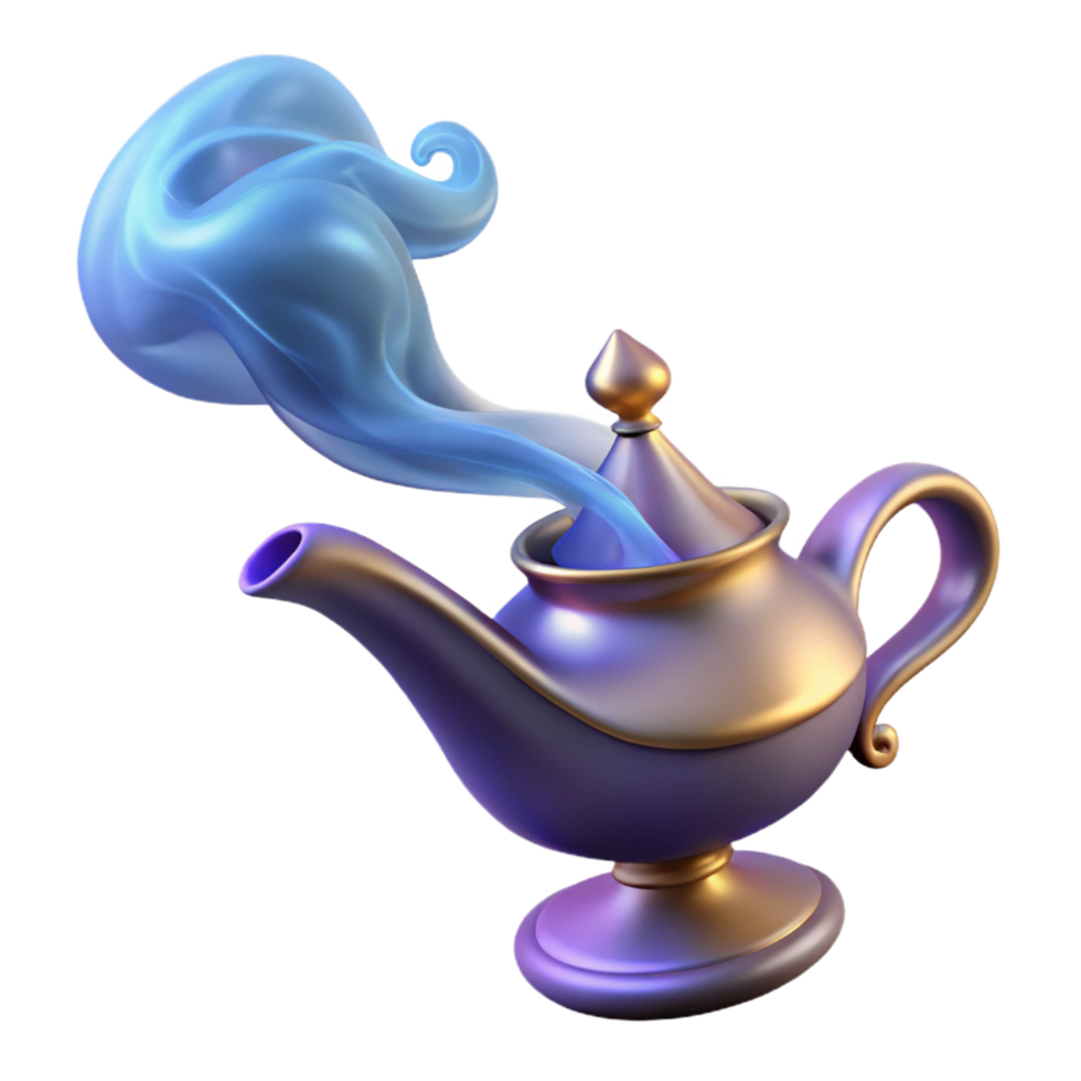 beautiful inspired A powerful djinn emerging from a magic lamp, swirling smoke and light, Arabian Nights style png