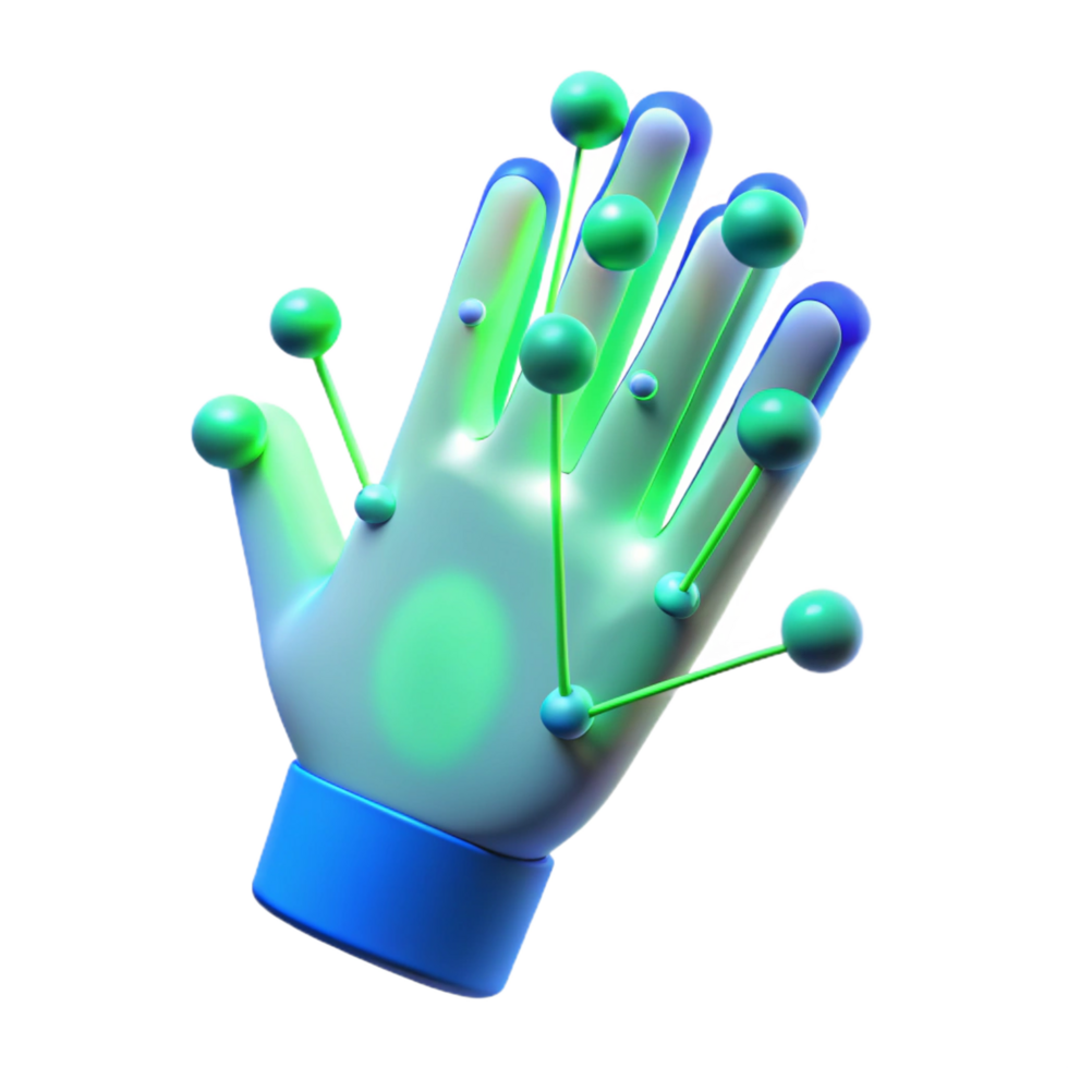 sumptuous minimalist A holographic projection of a human hand interacting with data streams, illuminated by blue and green light, in a minimalist style 4K png