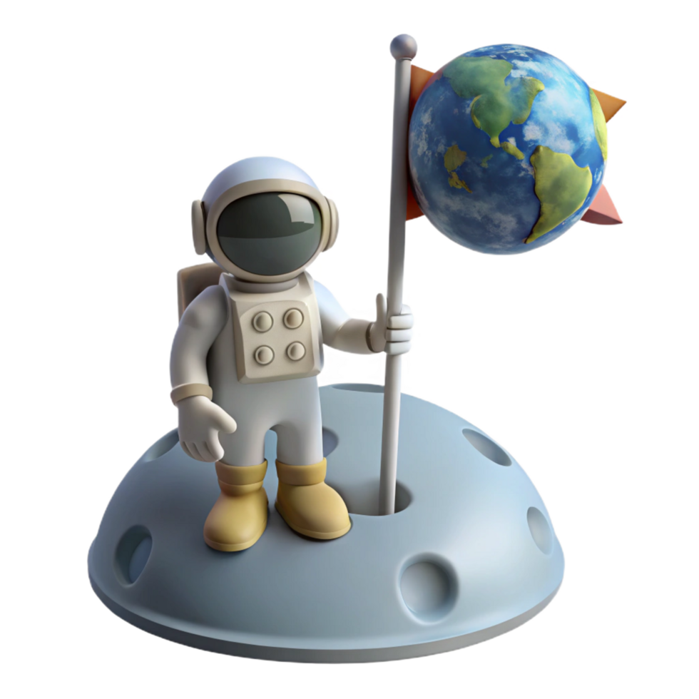 captivating organic A lone astronaut planting a flag on a desolate, gray moon, the Earth visible in the distance, lit by the bright, white light of the sun. Photorealistic, historical style refined png
