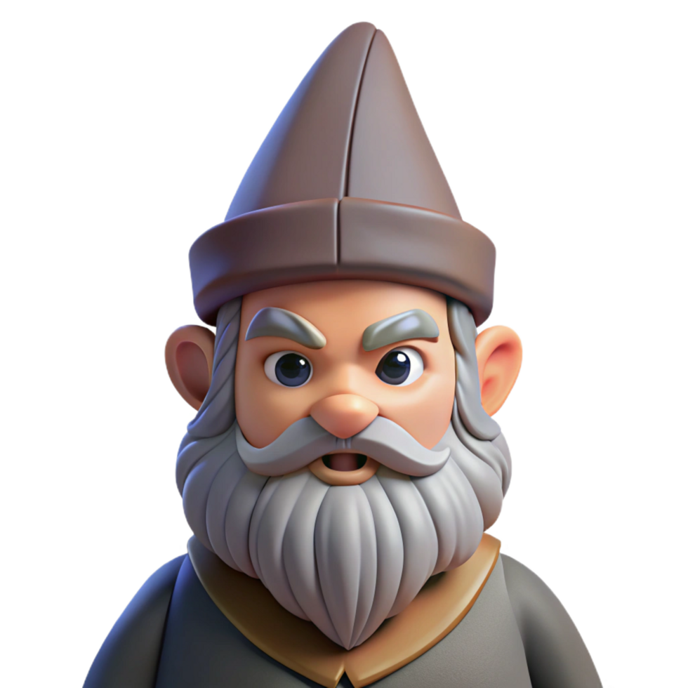 signature art deco Portrait of a grumpy gnome with a long beard and a pointed hat, dim forest lighting, fantasy art style elite png