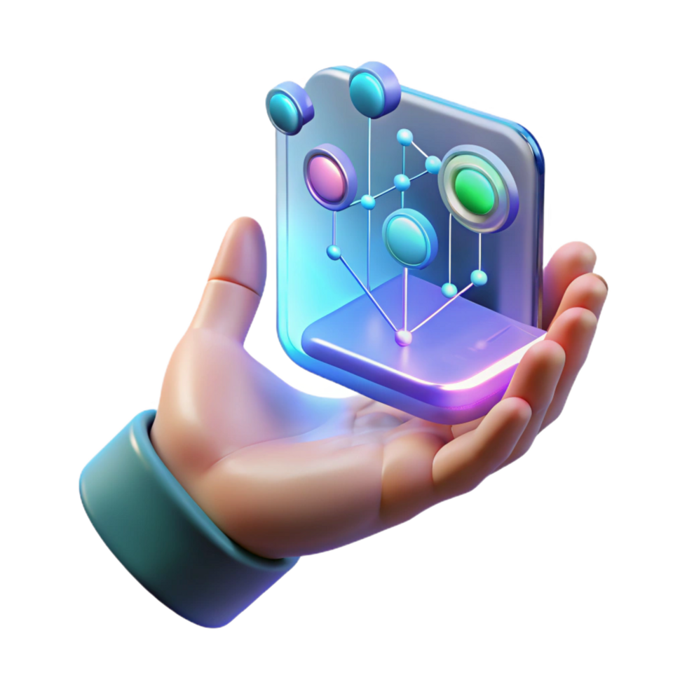 beautiful sought after A holographic interface, displaying complex data streams, floating in front of a user s hand. Cool lighting, minimalist style png