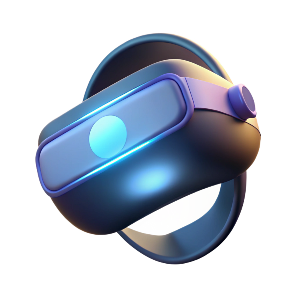 playful magnificent A virtual reality headset floating in mid air, glowing with an inner light, dark lighting, minimalist style 8K png
