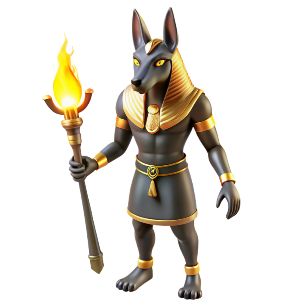 hypnotic rare Anubis, the Egyptian god of the dead, depicted with a jackal s head and human body, intricate hieroglyphs covering his skin, dimly lit by flickering torches, ancient Egyptian art style, png