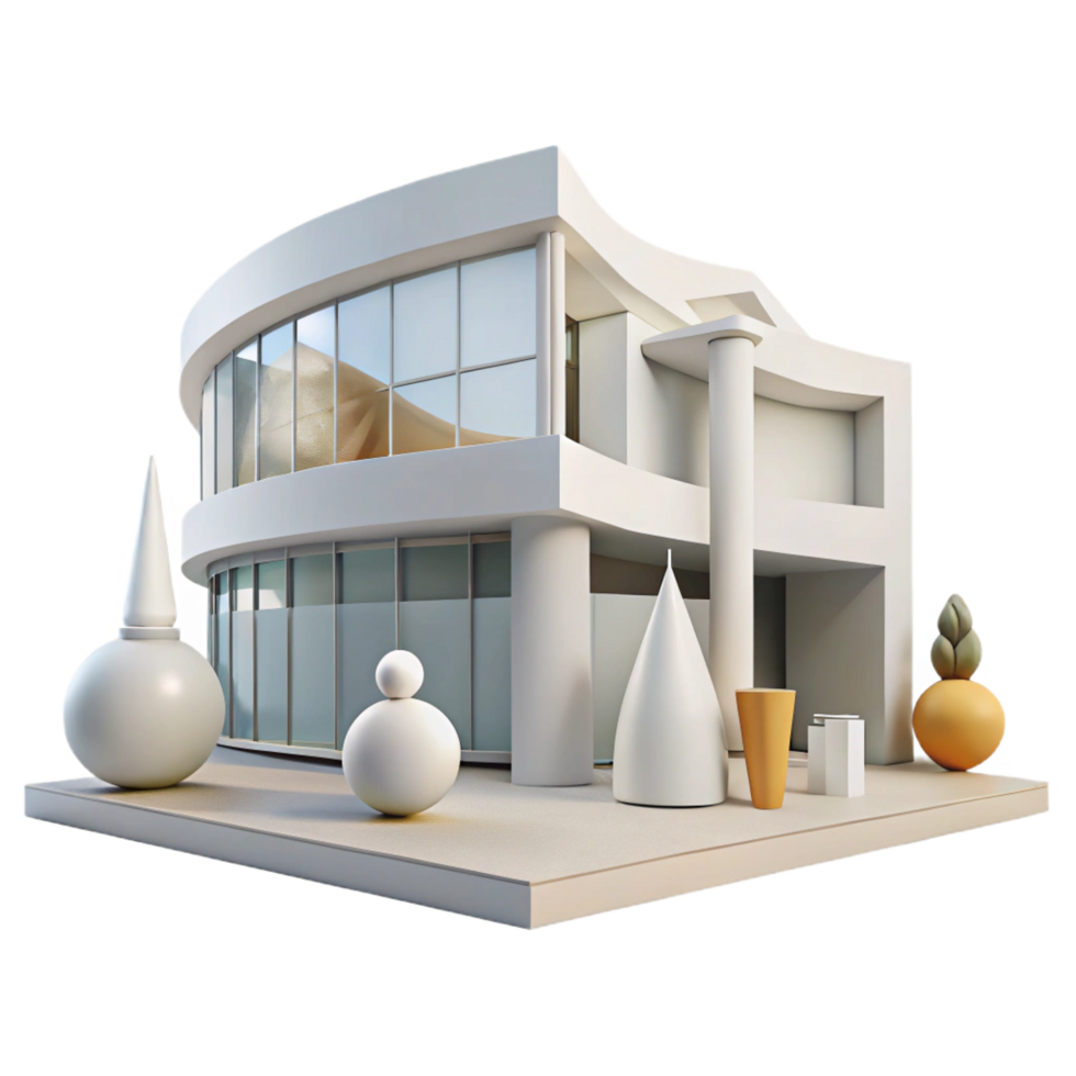 dramatic serene A modern art museum with stark white walls, large windows, abstract sculptures, bright natural light artisan png