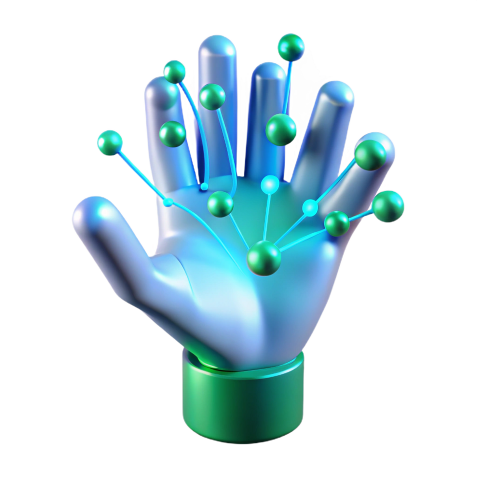 coveted victorian A holographic projection of a human hand interacting with data streams, illuminated by blue and green light, in a minimalist style elite png