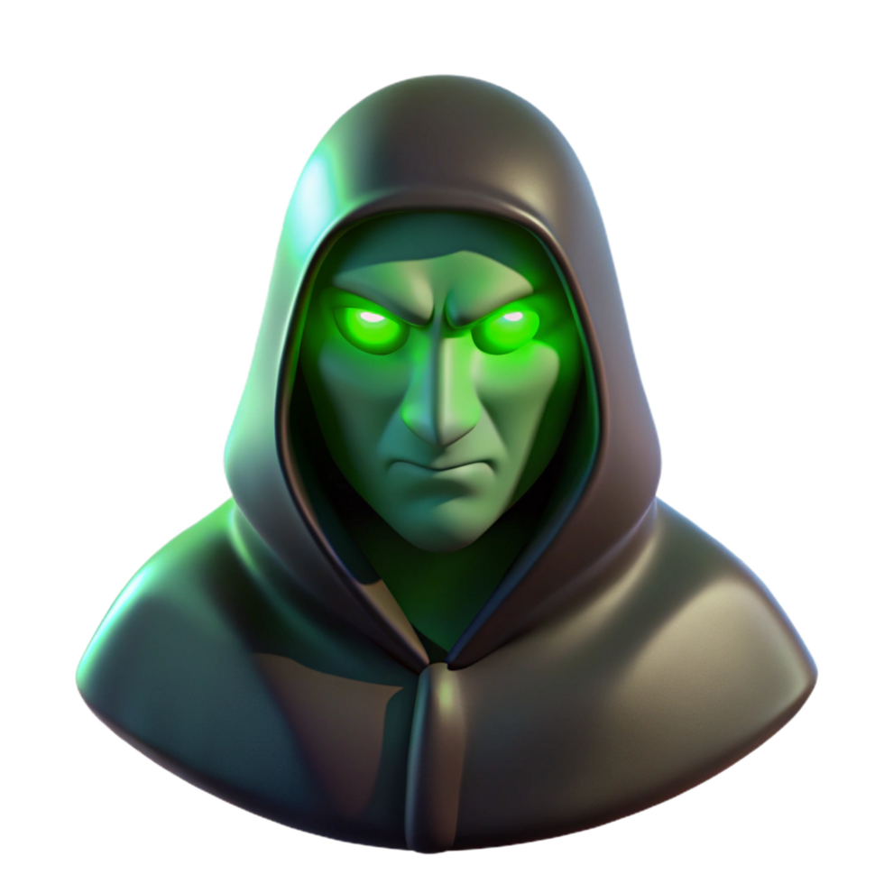 pristine modern Portrait of a mysterious figure shrouded in shadows, with only their eyes visible, lit by an eerie green light, in a horror style artisan png