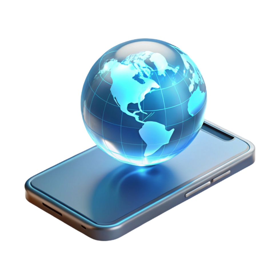 wonderful artistic A levitating transparent smartphone displaying a holographic world map, illuminated by a soft white light in a minimalist style artisan png