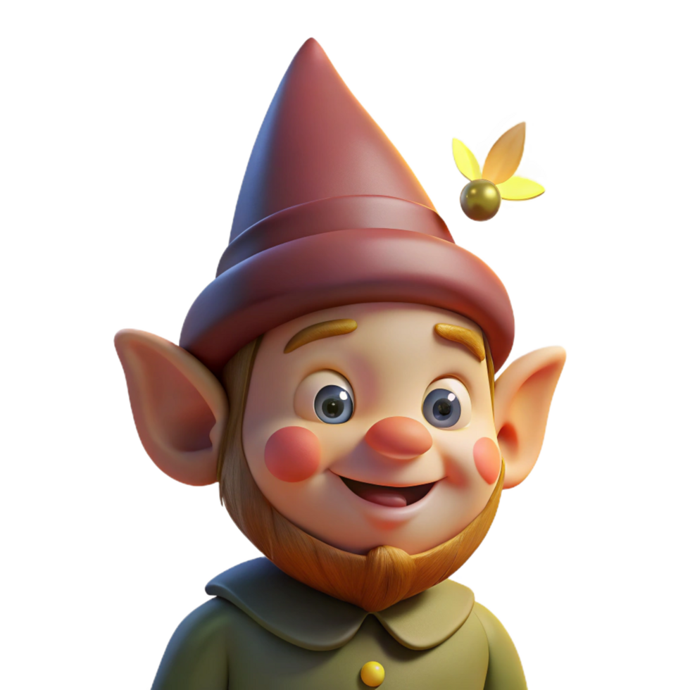 spectacular artistic Portrait of a whimsical gnome with a pointed hat and mischievous grin, illuminated by the flickering light of a firefly original png