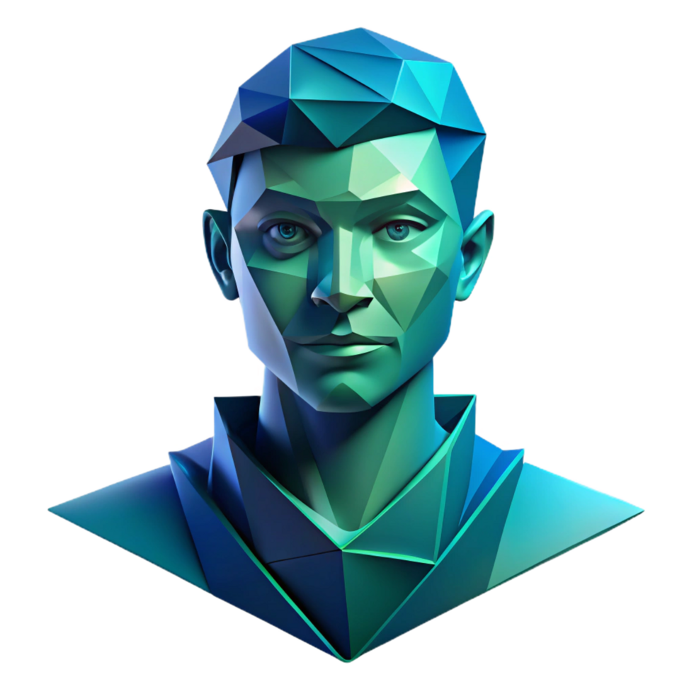 coveted rustic An abstract portrait composed of fragmented, geometric shapes, in shades of blue and green, with soft, diffused lighting impeccable png