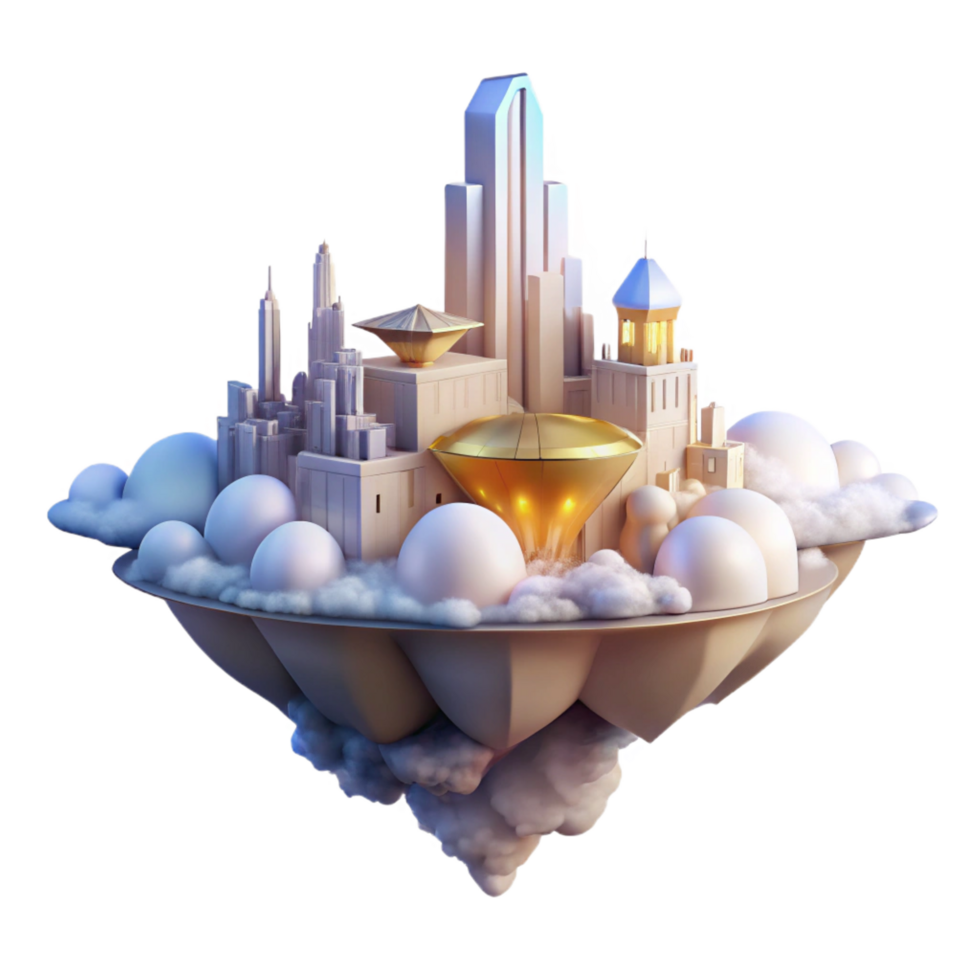 pristine energetic urban A floating city amongst the clouds, ethereal light, fantasy style, dreamy, 4K png