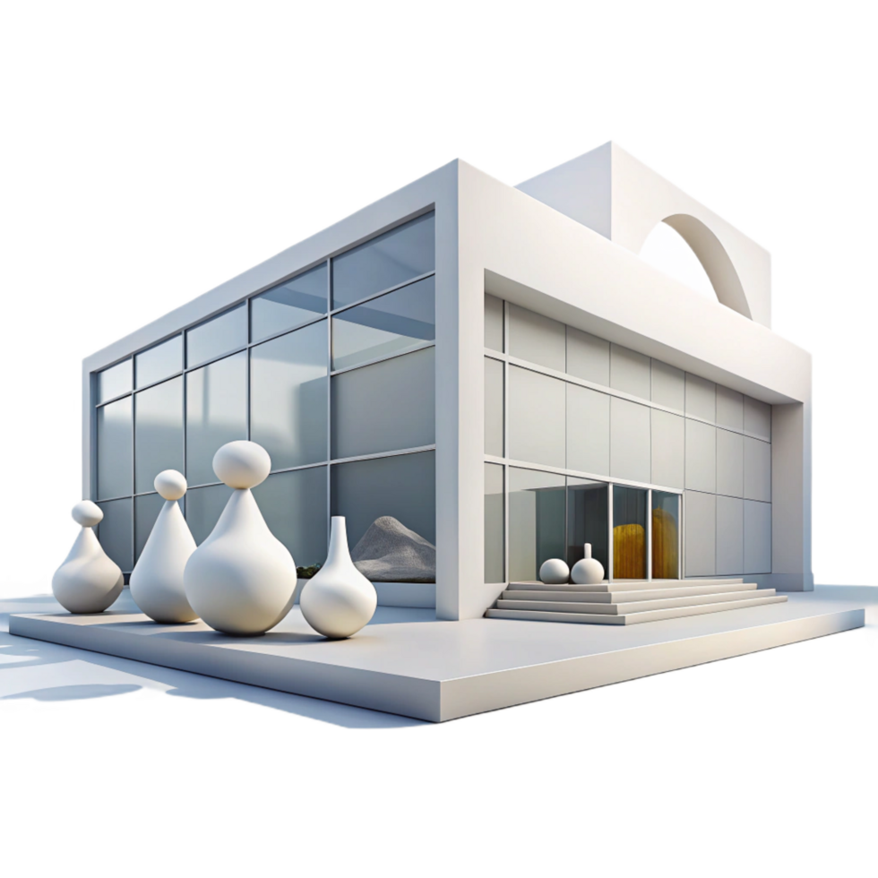 elegant calm nordic A modern art museum with stark white walls, large windows, abstract sculptures, bright natural light museum quality png