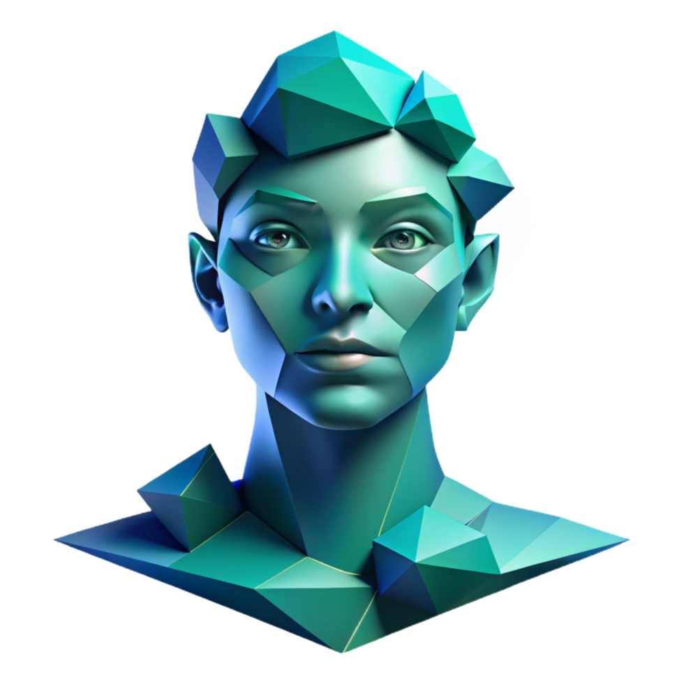 coveted vintage An abstract portrait composed of fragmented, geometric shapes, in shades of blue and green, with soft, diffused lighting precision png