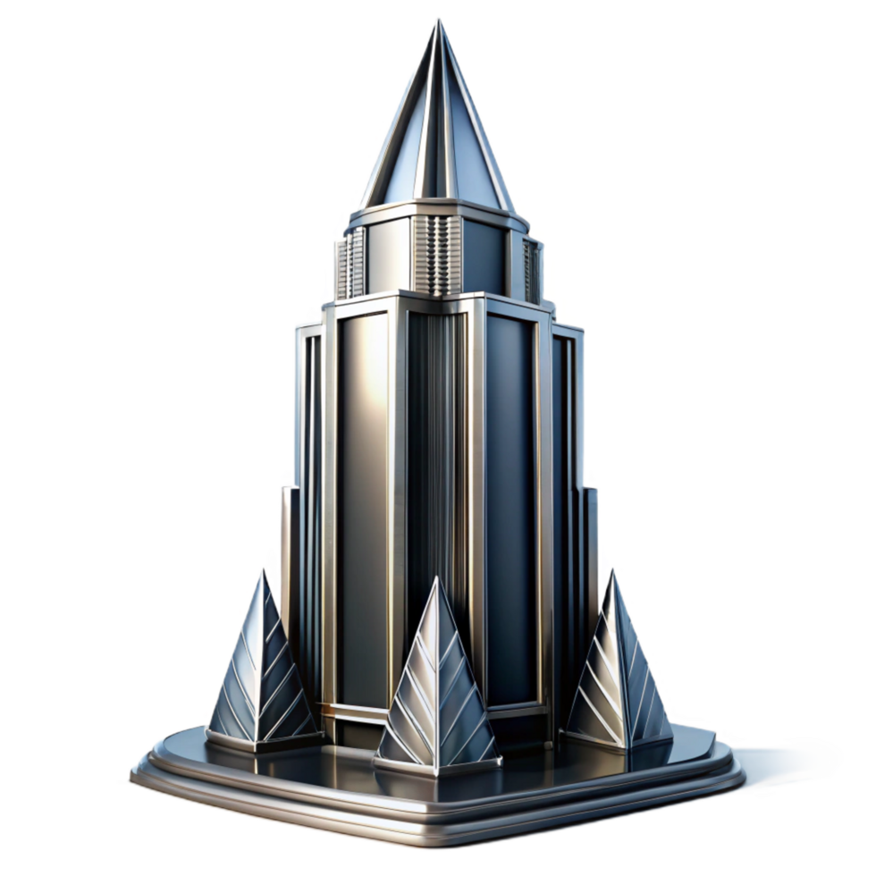 splendid joyful tropical Art Deco skyscraper, sleek chrome and black glass, sharp geometric patterns, dramatic uplighting in a rainy cityscape at night artisan png