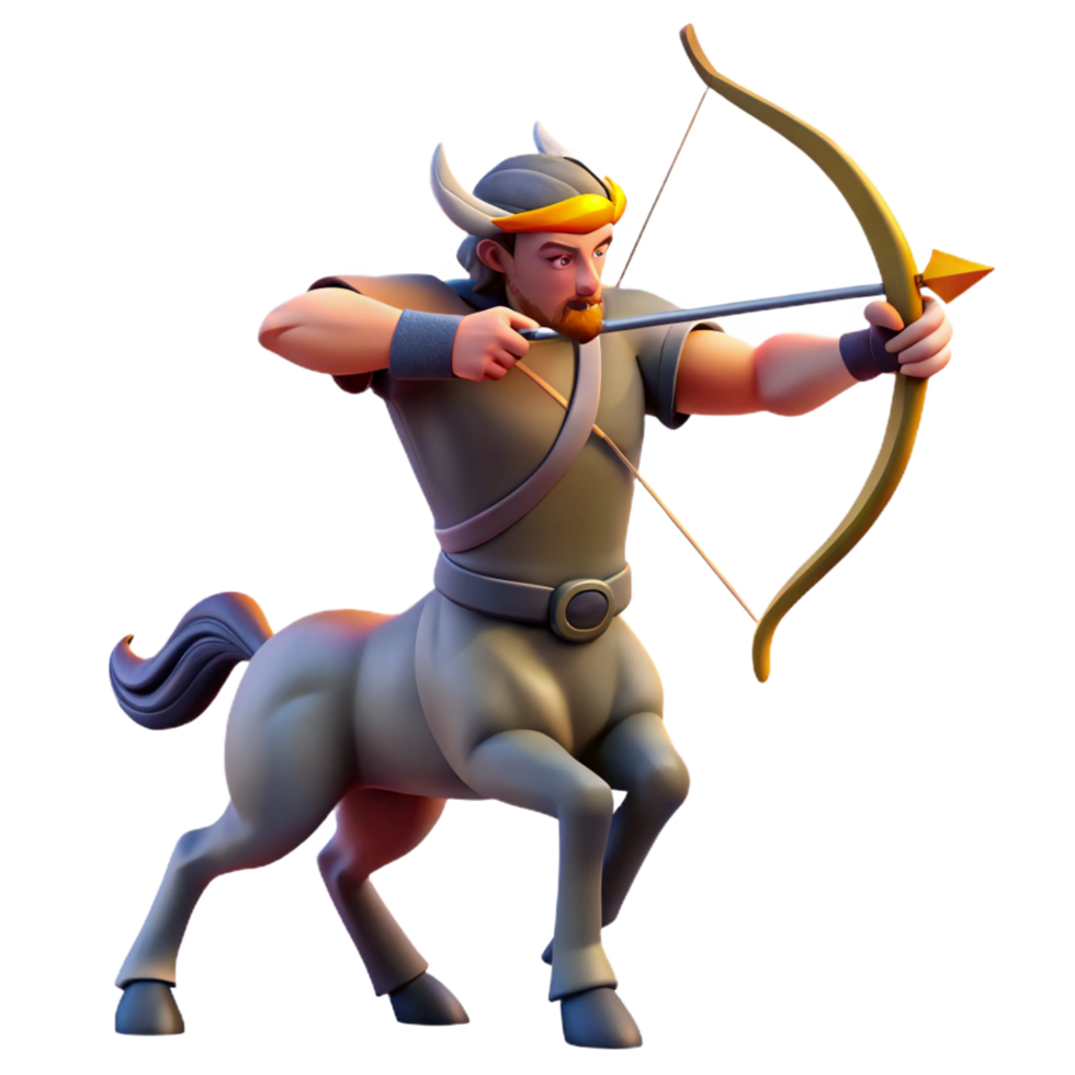 dazzling melancholic industrial A stoic centaur archer aiming at a distant target, sunset lighting, realistic style sharp png