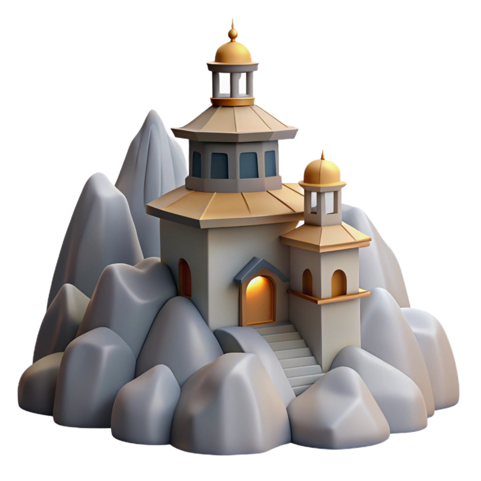 dreamy pristine A mountaintop monastery, simple design, serene atmosphere, misty lighting, handcrafted png