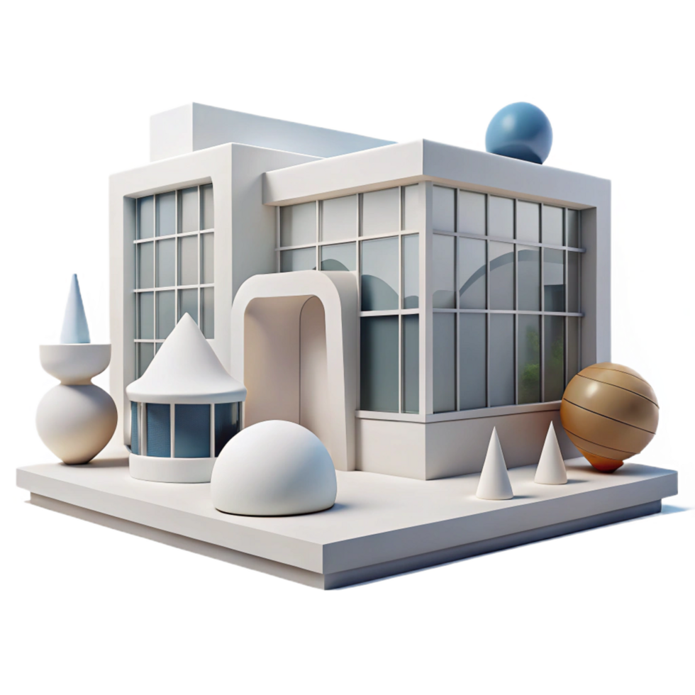 distinctive mid century A modern art museum, white walls, large windows, abstract sculptures, minimalist, clean lines, perfect clarity png
