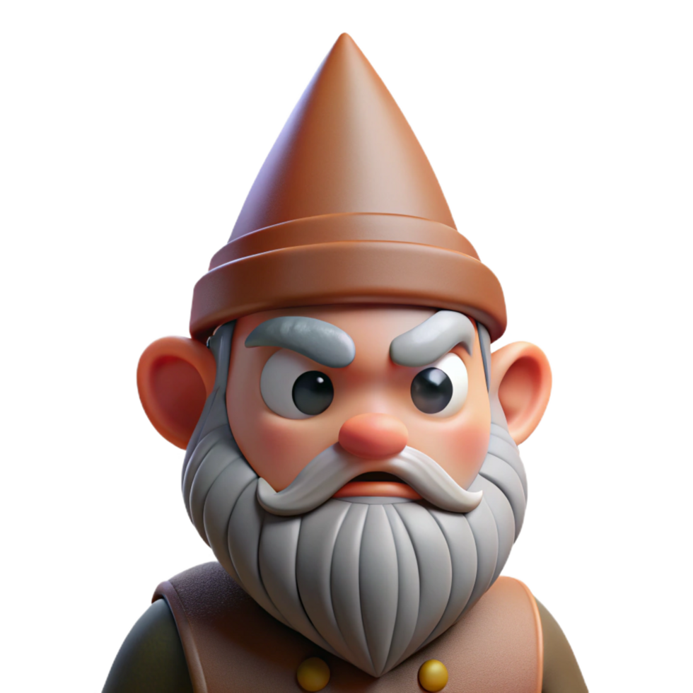 elegant harmonious industrial Portrait of a grumpy gnome with a pointed hat, a bushy beard, and a frowning expression, lit by dim, earthy light, in a whimsical fantasy style detailed png