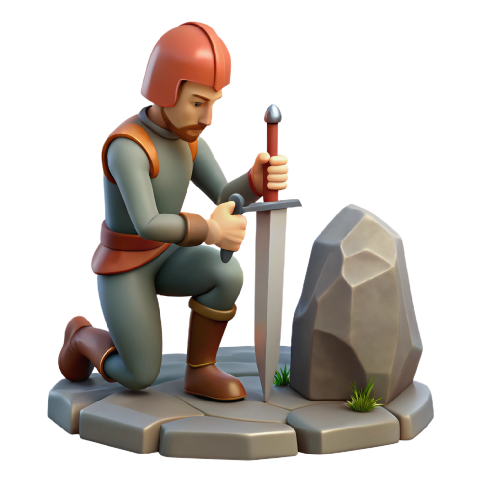 immaculate dynamic renaissance A lone knight kneeling before a mystical sword embedded in a stone, soft sunlight, romanticism style crisp png