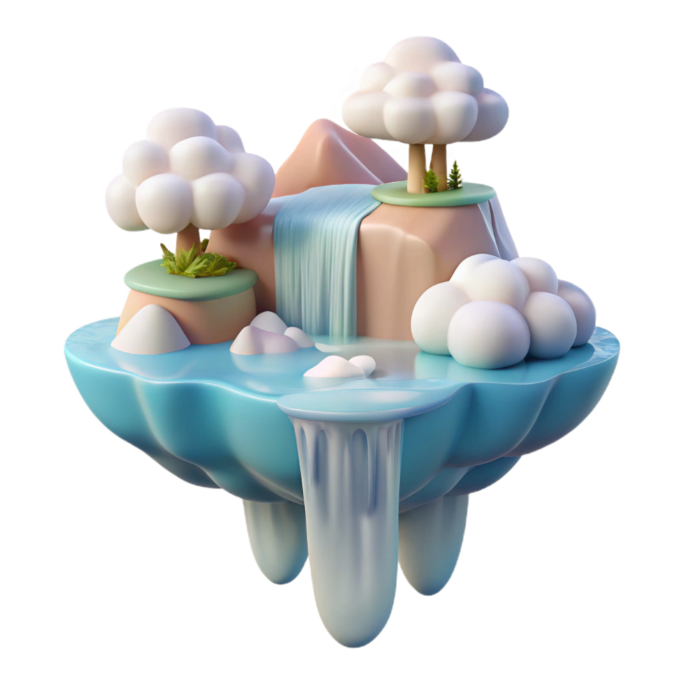 inspired coastal A serene, floating island with waterfalls cascading into a cloud sea, soft pastel colors, dreamlike style premium png