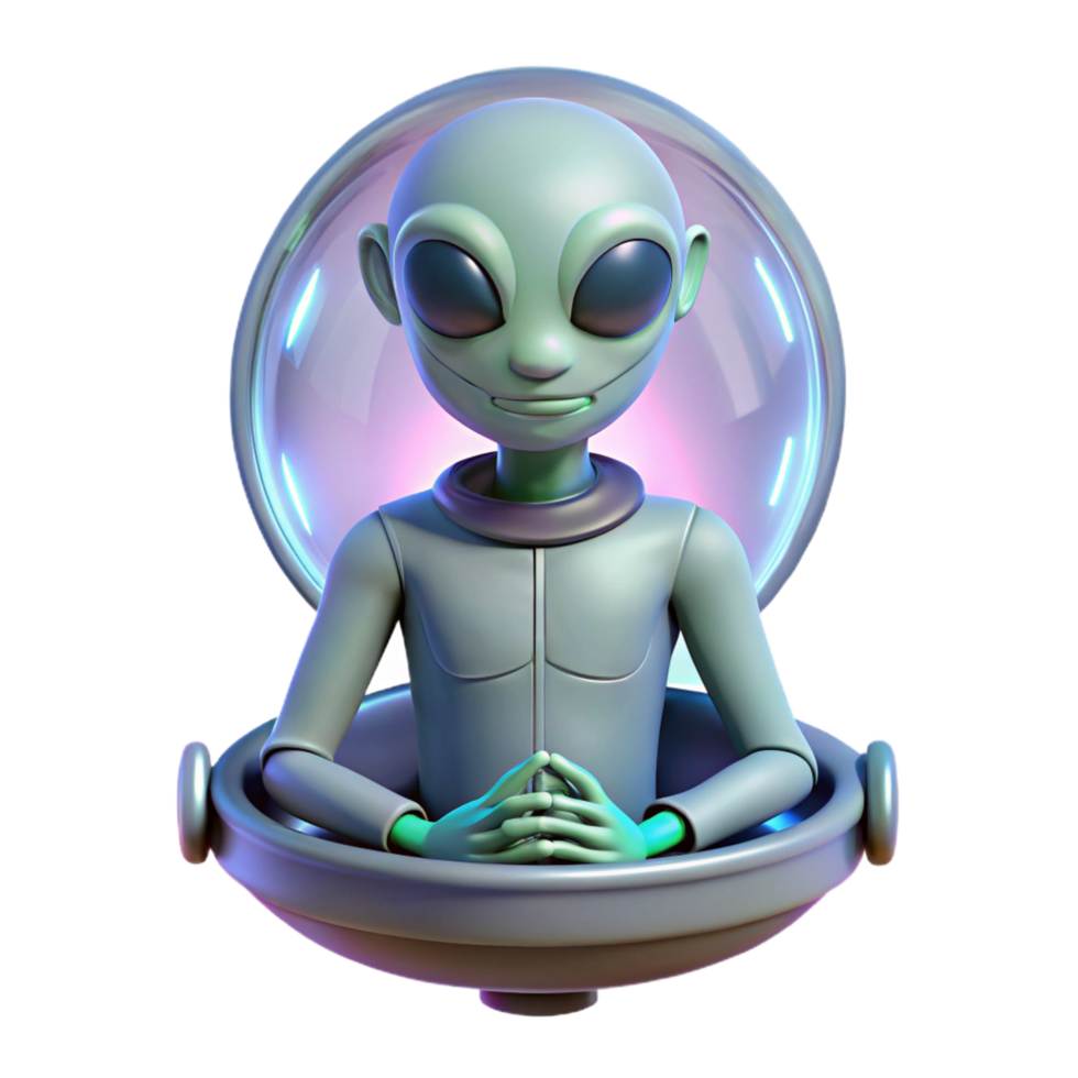 joyful spectacular A humanoid alien with iridescent skin, meditating in a zero gravity chamber, soft lighting, surreal style, gallery standard png