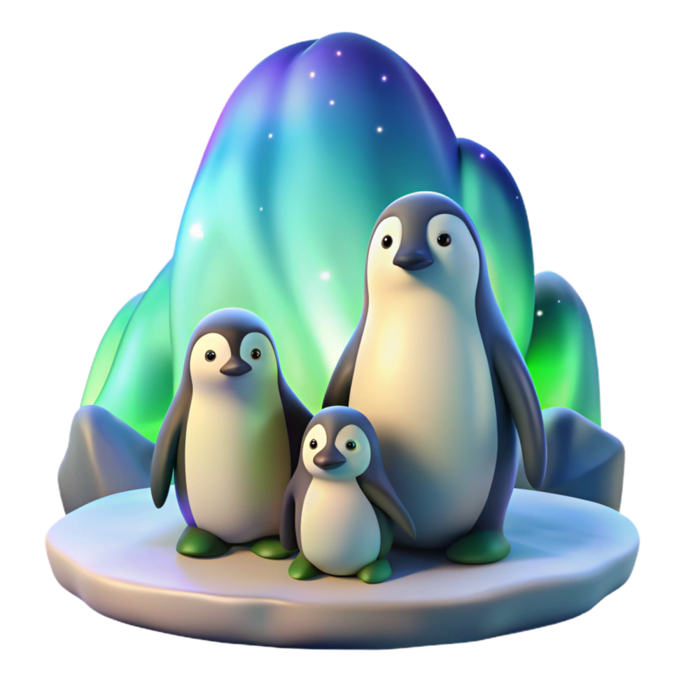 intense breathtaking A family of penguins huddled together on an icy landscape, illuminated by the soft glow of the aurora borealis, rendered in a realistic style ultra HD png