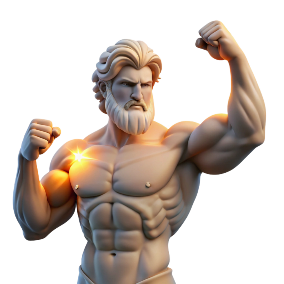 distinctive futuristic A powerful titan holding up the sky, strained muscles illuminated by sunlight, classical Greek sculpture style top tier png