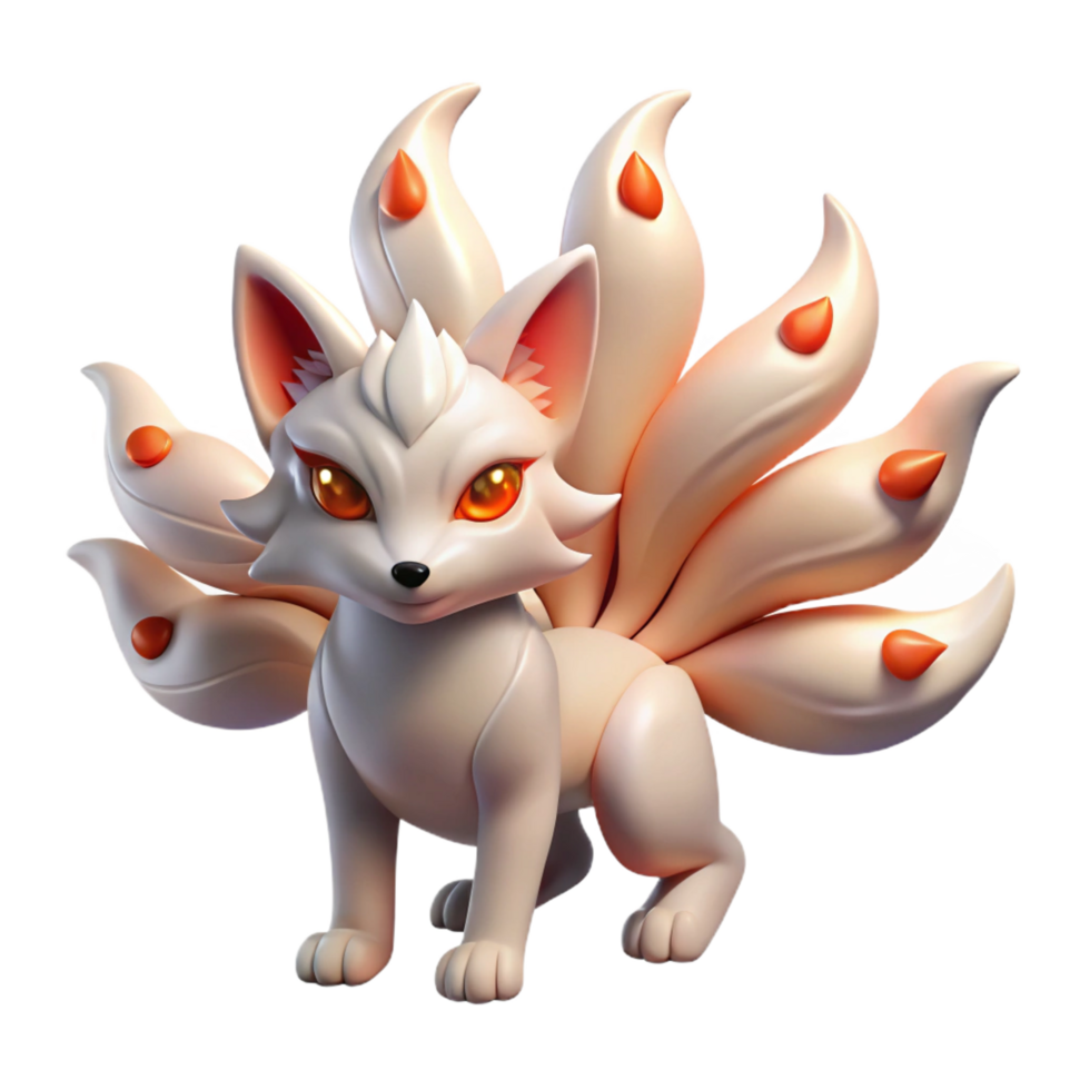 melancholic mesmerizing An enigmatic kitsune with nine tails, glowing eyes, Japanese art style museum quality png