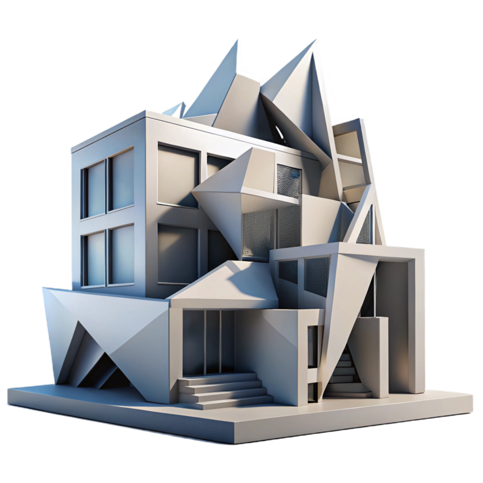 exquisite ethereal retro Deconstructivist building with fragmented shapes and distorted angles, sharp contrasting light and shadow, abstract art style fine detail png