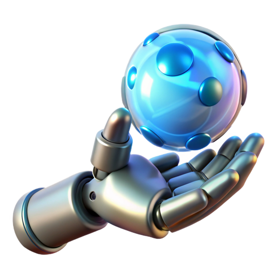 serene exceptional A robotic hand delicately holding a glowing orb of data, metallic textures, cool blue lighting, cinematic style png