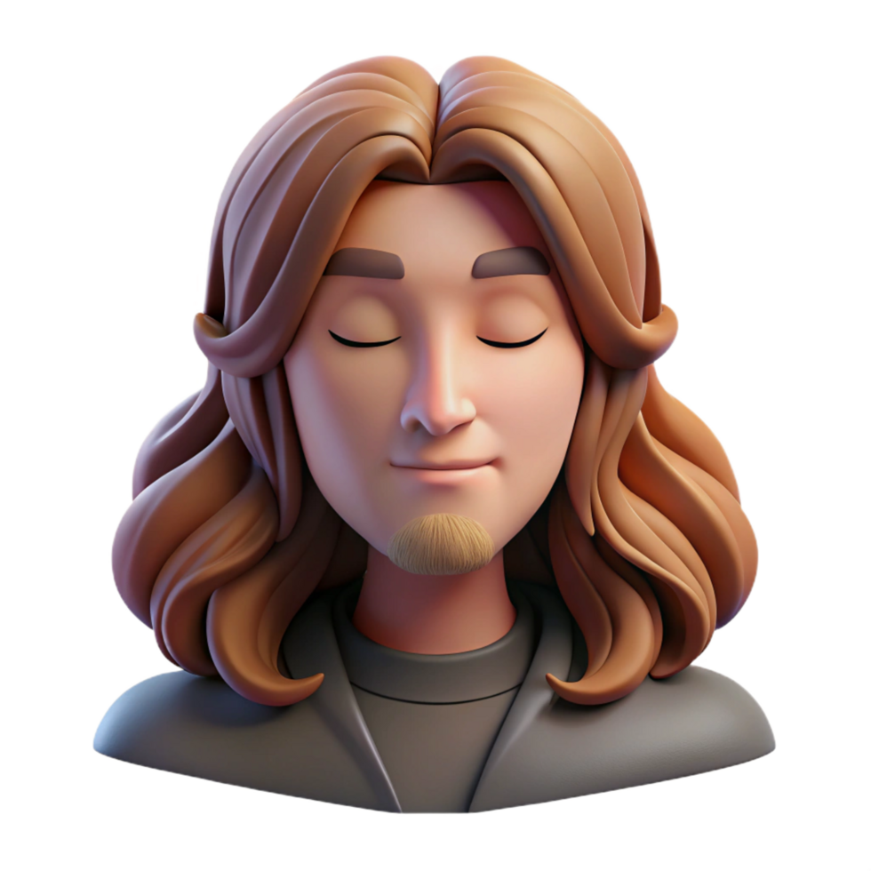 dynamic wonderful Portrait of a melancholic musician with long, flowing brown hair, closed eyes, and a serene expression, lit by a single spotlight, in a dreamlike, ethereal style crisp png