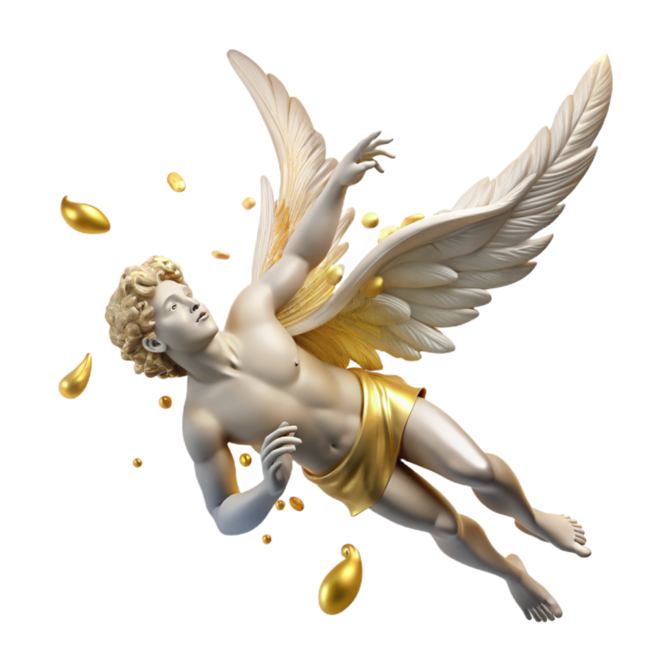 fascinating coastal Icarus falling from the sky, feathers scattered, wax melting, Renaissance style, tragic, golden lighting, studio quality png