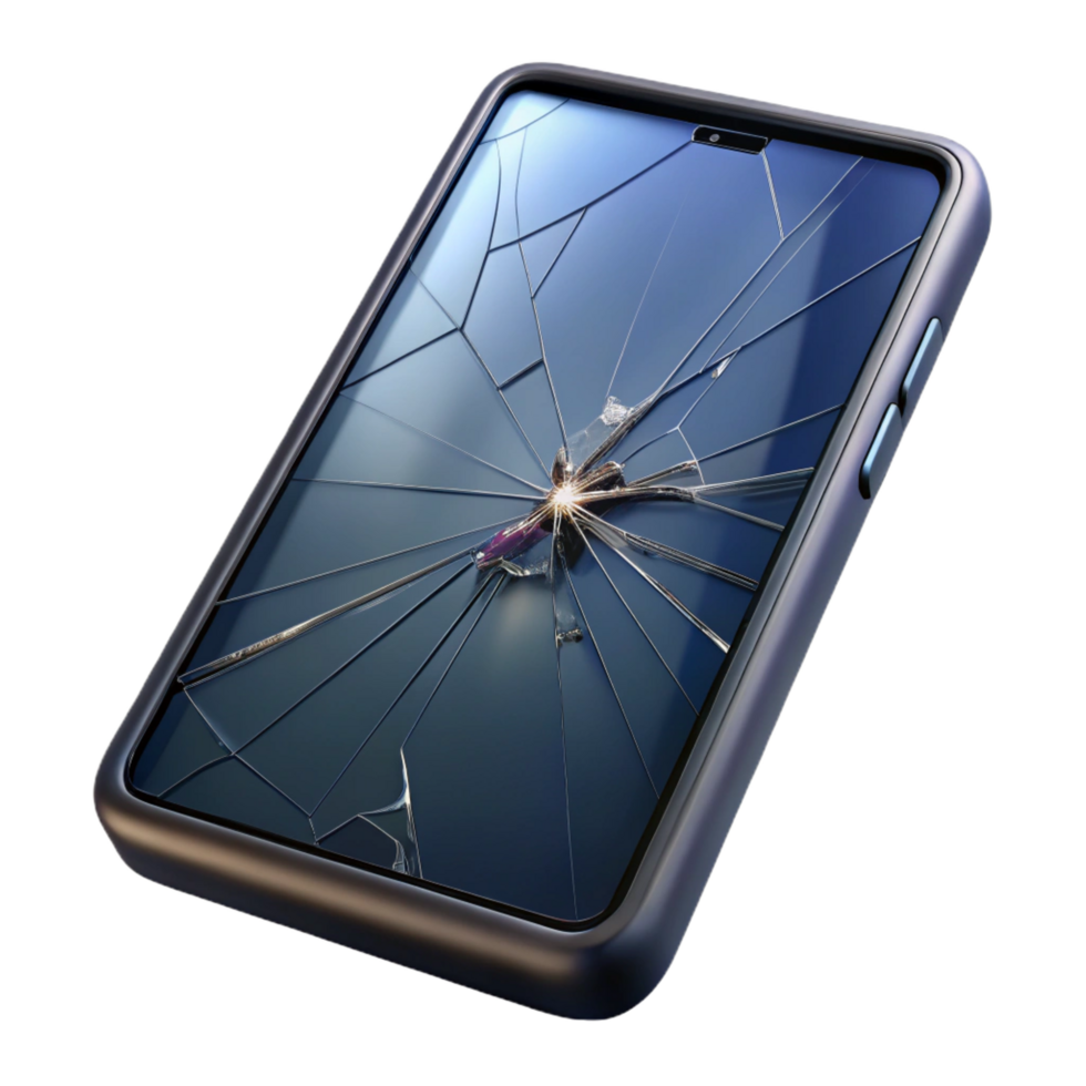 splendid inspired A broken smartphone with a cracked screen, revealing its internal components, dark and gritty style png