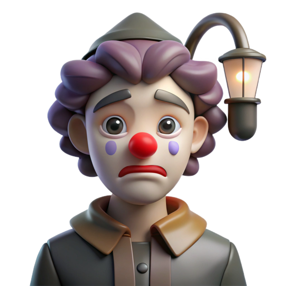 melancholic serene Portrait of a melancholic clown with fading makeup, a single tear rolling down their cheek, and a wistful expression, lit by a dim streetlamp, in a dramatic style original png