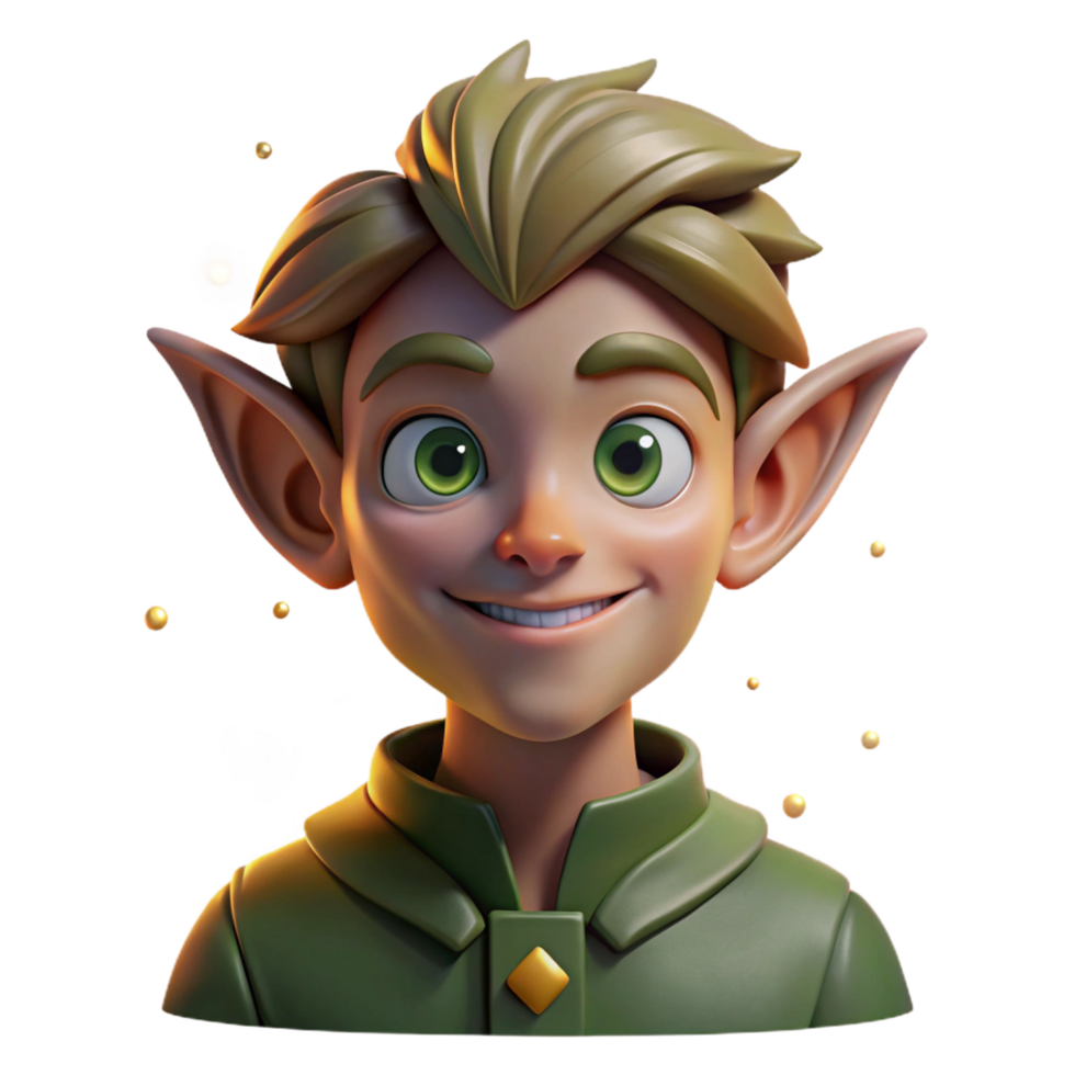 elegant whimsical organic Portrait of a mischievous elf with pointed ears and a playful smirk, surrounded by glowing fireflies. Enchanted forest lighting. Fantasy art style flawless png